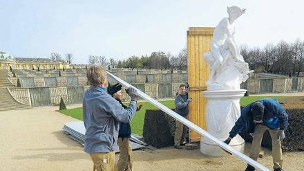 Klappe auf. Die Skulpturen rund um die Große Fontäne in Sanssouci wurden aus ihren Winterbehausungen befreit, die Saison kann beginnen. Foto: dapd/Theo Heimann