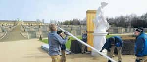 Klappe auf. Die Skulpturen rund um die Große Fontäne in Sanssouci wurden aus ihren Winterbehausungen befreit, die Saison kann beginnen. Foto: dapd/Theo Heimann