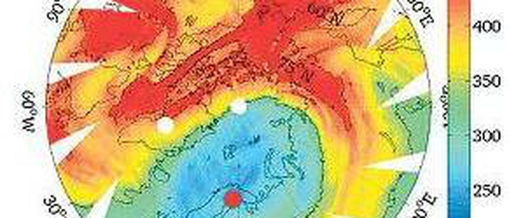 Gefährliches Blau. Die Karte zeigt die Ozongehalte vom 30. März. Über Skandinavien waren sie besonders gering.