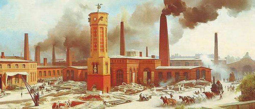 Viel Rauch, viel Feuer. Borsigs Maschinenbau-Anstalt zu Berlin an der Chausseestraße auf einem Gemälde von 1847. Foto: akg-images