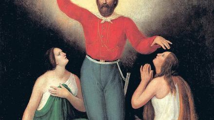 Held der Einheit. Garibaldi mit Personifikationen von Venedig und Rom.