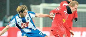 Auf Ballsuche. Peter Niemeyer (l.) war zuletzt angeschlagen, am Mittwoch stieg er wieder ins Training bei Hertha BSC ein.