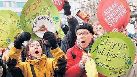 Umweltaktivisten demonstrierten am Dienstag gegen Massentierhaltung. Foto: dpa