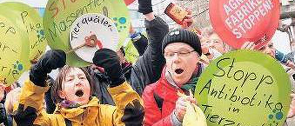 Umweltaktivisten demonstrierten am Dienstag gegen Massentierhaltung. Foto: dpa