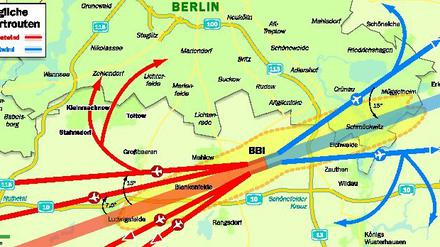 Mögliche Startvarianten: Bei diesen Abflugrouten will die Flugsicherung jetzt die jeweilige Lärmbelastung ermitteln.