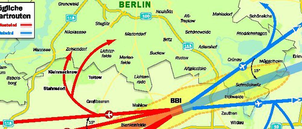 Mögliche Startvarianten: Bei diesen Abflugrouten will die Flugsicherung jetzt die jeweilige Lärmbelastung ermitteln.