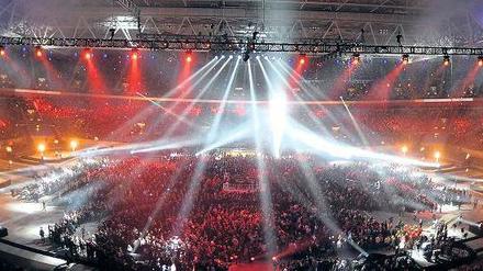Lightshow in der Düsseldorfer Arena. Hier soll am 14. Mai 2011 der Eurovision Song Contest stattfinden. 35 000 Karten für das Musikspektakel kommen in den Verkauf. 