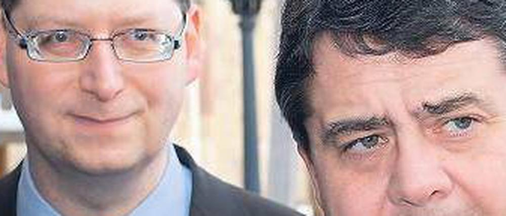 Flügelstürmer und Dirigent. Hessens Landeschef Thorsten Schäfer-Gümbel (links) und der SPD-Bundesvorsitzende Sigmar Gabriel. 