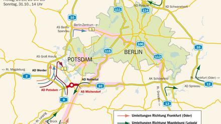 Die Vollsperrung der A10 und mögliche Umfahrungen.