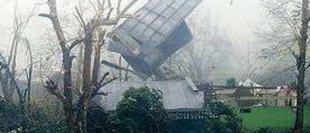 Ein Hausdach verfängt sich im Norden der Philippinen in einem Baum.