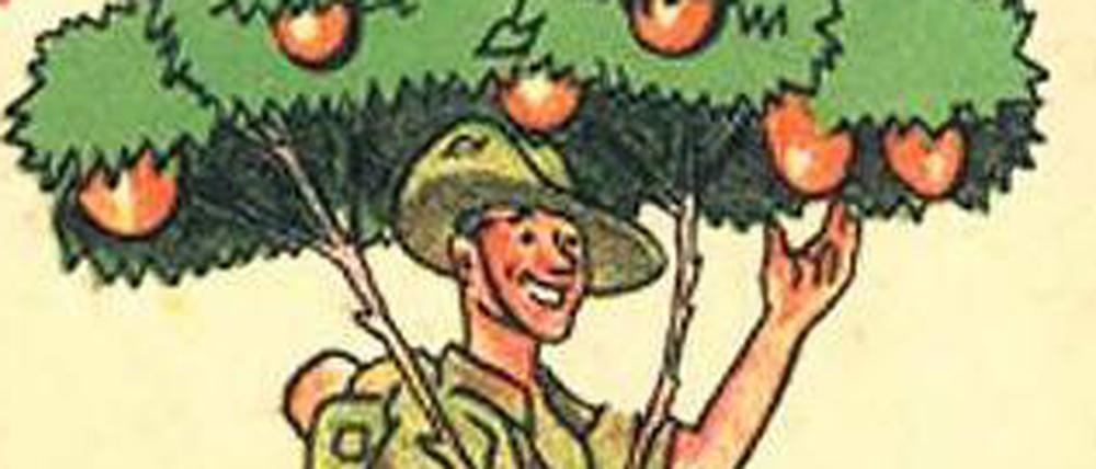 Baum mit Beinen. Plakat aus der Zeit, als Palästina noch englisch war. 
