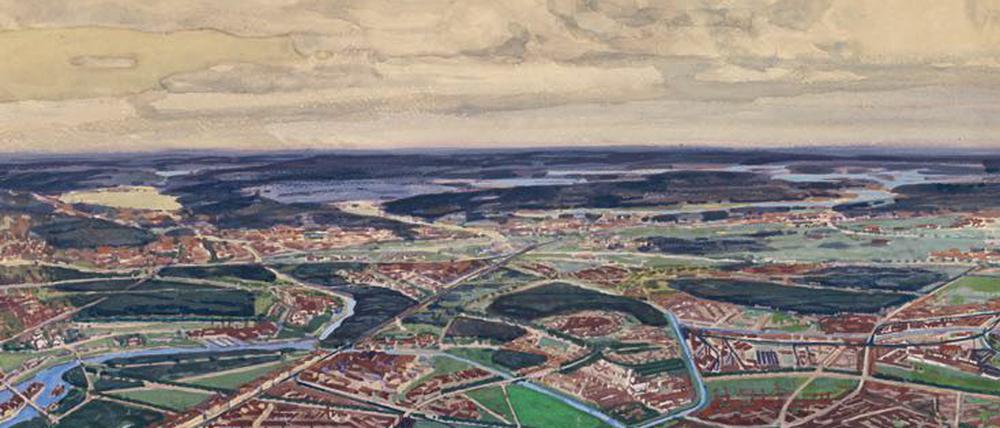 Alles wohlgeordnet. Albert Gessner reichte zum Wettbewerb von 1910 dise Vogelperspektive auf Berlin vom Südbahnhof bis zum Müggelsee ein.