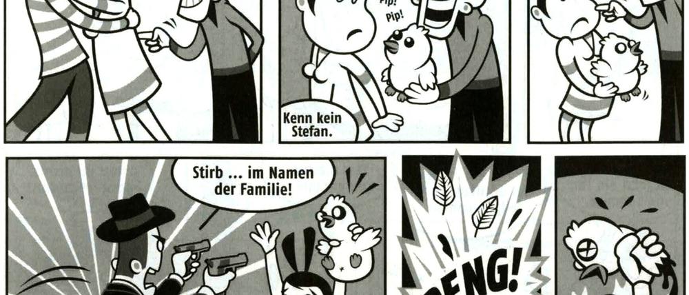 Facebook-Invasion. Auszug aus der Kurzgeschichte „Happy B-DAY!“, geschrieben von Lucy Fricke und gezeichnet von Thomas Gronle alias Legron.