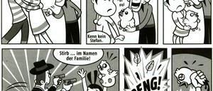 Facebook-Invasion. Auszug aus der Kurzgeschichte „Happy B-DAY!“, geschrieben von Lucy Fricke und gezeichnet von Thomas Gronle alias Legron.