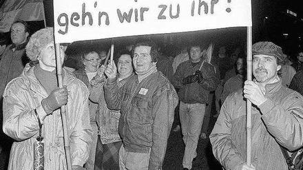 Leipzig, im Februar 1990. Teilnehmer einer Montagsdemonstration machen auf einem Plakat deutlich, wie sie sich die Zukunft vorstellen.