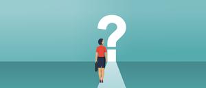 What’s next concept. Big question mark on a way. Businesswoman in suit with briefcase faces an unknown open. Vector illustration flat design. Isolated on white background.