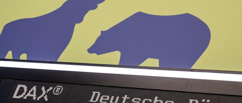 Bulle und Bär sind über der Dax-Kurve in der Börse (Archivbild) 