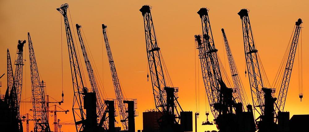 Die Sonne geht hinter Hafenkränen in Hamburg unter. In der Eurozone hat sich die Konjunktur nach Einschätzung der OECD deutlich abgekühlt. (Symbolbild)