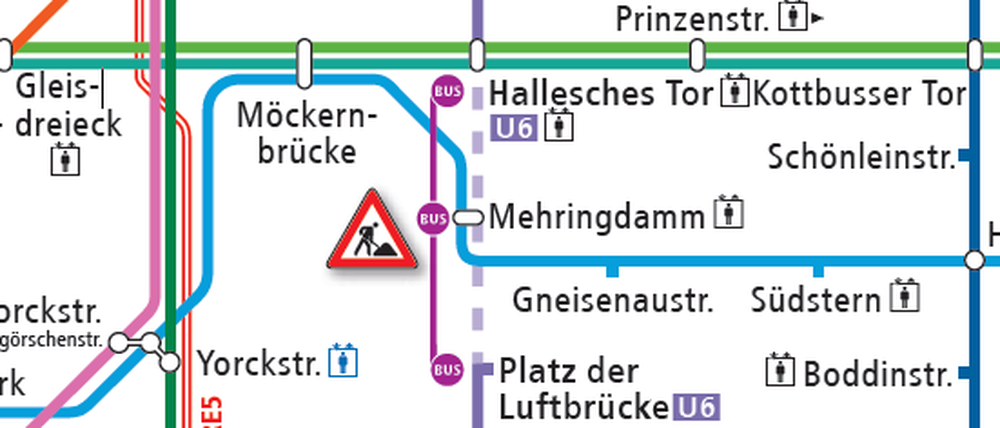 Zwischen Hallesches Tor und Platz der Luftbrücke fahren nur Busse.