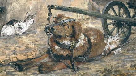 Wenn nicht vergöttert, dann gequält: Adolph Menzels „Spannhund und Katze“ von 1863/83