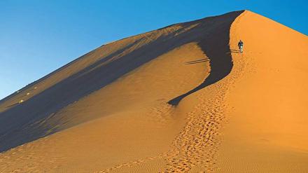 Düne frei. Die mit 170 Metern höchste im Sossusvlei hat nur eine Nummer: 45. Manche versuchen, sie bis zum Gipfel zu besteigen – und scheitern. Es ist einfach zu anstrengend. 