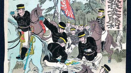Der Farbholzschnitt von 1894 zeigt japanische Offiziere bei der Kartenbesprechung.