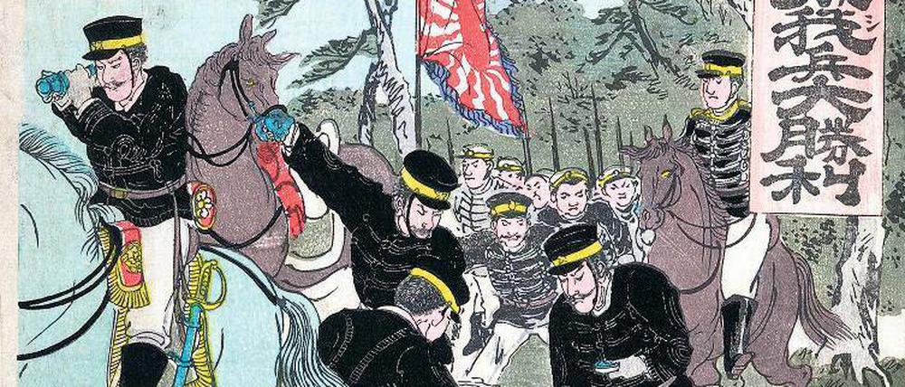 Der Farbholzschnitt von 1894 zeigt japanische Offiziere bei der Kartenbesprechung.