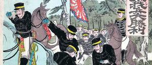 Der Farbholzschnitt von 1894 zeigt japanische Offiziere bei der Kartenbesprechung.