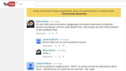 Argumentativ auf der Höhe: Was über unseren Autor so alles in Social Media, hier: Youtube, geschrieben wurde.