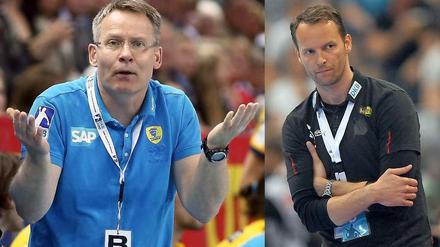 Inselduell in Berlin: Löwen-Trainer Gudmundsson (l.) und Füchse-Coach Sigurdsson.