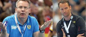 Inselduell in Berlin: Löwen-Trainer Gudmundsson (l.) und Füchse-Coach Sigurdsson.