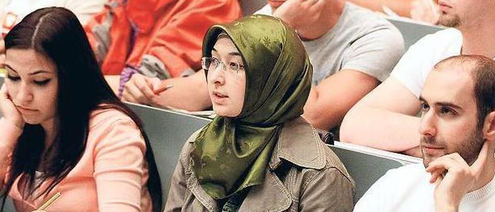 Studierende mit und ohne ausländische Wurzeln sitzen in einem Hörsaal.