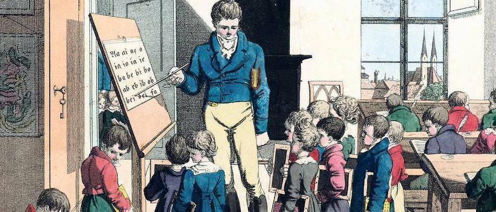 Ein Lehrer und seine Schüler in einem Kupferstich von 1835.