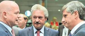 Schwierige Debatte. Der britische Außenminister Hague (l.) spricht mit seinen Amtskollegen aus Luxemburg und Österreich, Asselborn (M.) und Spindelegger.