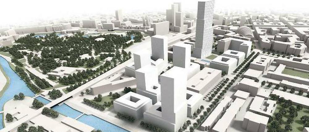 Hochhausviertel am Zoo. Diese Simulation zeigt den Blick aus Höhe des 17. Juni. Zur Orientierung: die Grünfläche links ist der Zoo, die Straße rechts mit der Baumreihe ist die Fasanenstraße. 