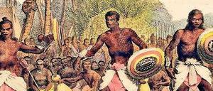 Ansichtssache. Tanzende Männer auf den Sandwich-Inseln – eine der 140 Lithografien des Expeditionsmalers Ludwig Choris, die ebenfalls in dem Buch zu finden sind.