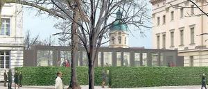 Im Modell. Diese Simulation zeigt die neue Verbindung zwischen dem westlichen Stüler-Bau (r.) und dem Kommandantenhaus, dahinter ist das Schloss Charlottenburg zu sehen. 