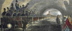 Ein Holzstich zeigt die erste Probefahrt der Londoner U-Bahn im Jahr 1862.