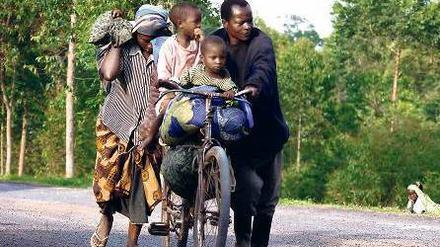Auf der Flucht. Eine Familie bringt sich vor den Kämpfen zwischen Rebellen und Regierungstruppen in der Nähe von Goma in Sicherheit. Foto: Alain Wandimoyi/dpa
