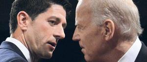 Duell der Gegensätze: Größer konnte der Kontrast zwischen Ryan (links) und Biden nicht sein. Der eine legte dar, der andere biss zu. Doch genau das war ihre Aufgabe. Der Republikaner sollte unentschlossene Wähler gewinnen, der Demokrat die Leidenschaft bei der eigenen Klientel wieder entfachen. Foto: Michael Reynolds/AFP