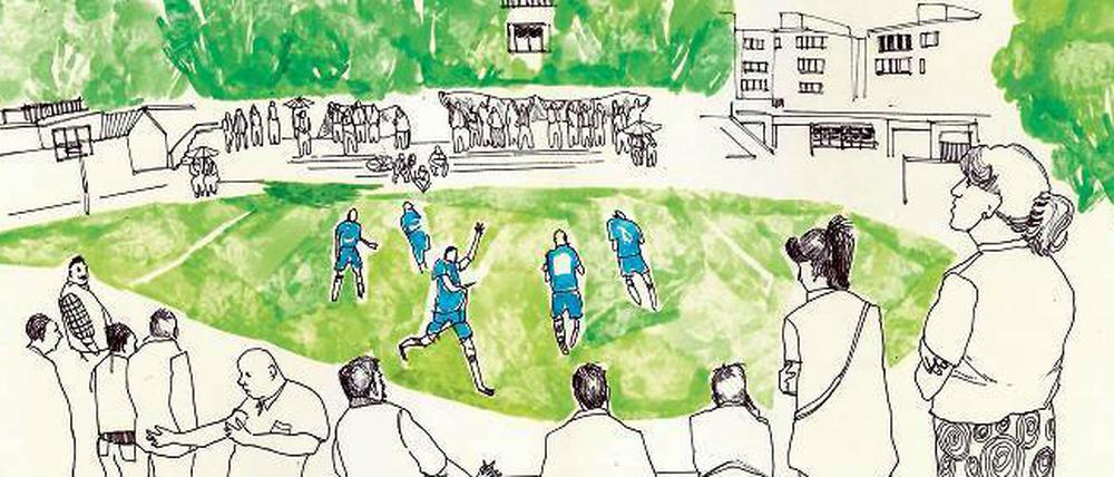 Gegen den Strich. Emily Sweetman zeichnet Alltagsszenen von den Fußballplätzen, ihr Mann schreibt die Texte dazu.