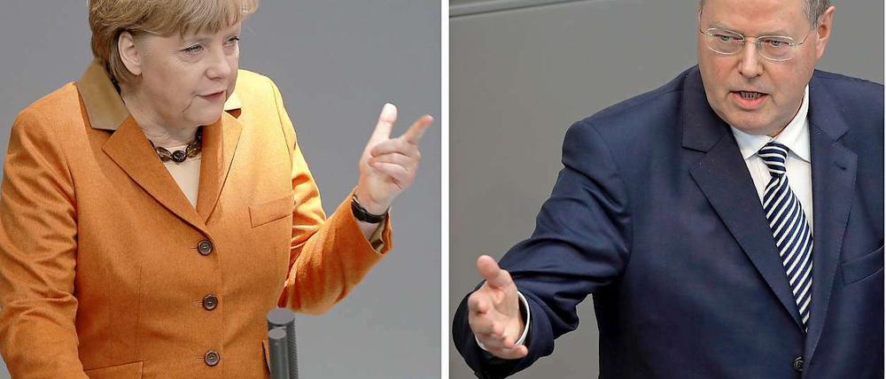 An die Gurgel gehen sie sich nicht. Angela Merkel und Peer Steinbrück im Bundestag bei ihrem ersten Rededuell nach Eröffnung des Wahlkampfs.