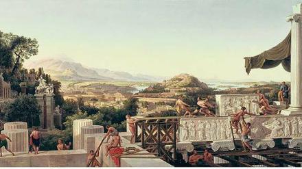 Traum von der Antike. Karl Friedrich Schinkel malte 1825 „Blick in Griechenlands Blüte“. Diese Kopie von August Wilhelm Julius Ahlborn aus dem Jahr 1836 hängt in der Alten Nationalgalerie Berlin. Foto: culture-images