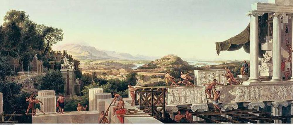 Traum von der Antike. Karl Friedrich Schinkel malte 1825 „Blick in Griechenlands Blüte“. Diese Kopie von August Wilhelm Julius Ahlborn aus dem Jahr 1836 hängt in der Alten Nationalgalerie Berlin. Foto: culture-images