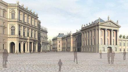 Blick in die Zukunft. Am Alten Markt in Potsdam soll auch das Palais Barberini wiedererstehen. Simulation: Ganter/Kuehn/ddp