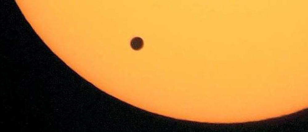 David und Goliath. Beim Venustransit, hier eine Aufnahme vom 8. Juni 2004, bekommt man eine Ahnung davon, wie riesig unser Mutterstern (Durchmesser 1,4 Millionen Kilometer) im Vergleich zu dem Planeten (Durchmesser 12 100 Kilometer) ist.