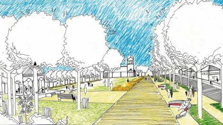 Flaniermeile. Eine struppige Grünanlage zu einem einladenden Park zu entwickeln, darum geht es den Planern des Büros Louafi. Breite Wege und Aufenthsflächen mit Sichtbeziehungen zur Friedenskirche und Öffnungen zur Umgebung könnten den bislang verschlossenen Platz beleben. Zusammen mit dem Don-Ugoletti-Platz vor der Kirche würde sich das Ensemble aus Kirchengebäude, Piazetta und Grünflächen dann zu einem attraktiven Ortszentrum entwickeln. Vielfältige Nutzungsmöglichkeiten sollen den Park beleben und die Identifikation der Grünauer mit diesem Ort stärken. Ein Pavillon (linker Bildrand) könnte für Konzerte und Tanzveranstaltungen genutzt werden. 