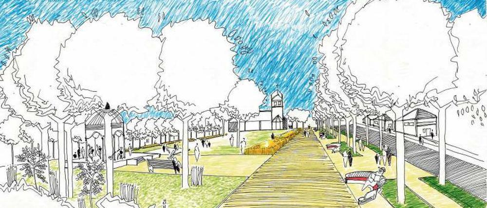 Flaniermeile. Eine struppige Grünanlage zu einem einladenden Park zu entwickeln, darum geht es den Planern des Büros Louafi. Breite Wege und Aufenthsflächen mit Sichtbeziehungen zur Friedenskirche und Öffnungen zur Umgebung könnten den bislang verschlossenen Platz beleben. Zusammen mit dem Don-Ugoletti-Platz vor der Kirche würde sich das Ensemble aus Kirchengebäude, Piazetta und Grünflächen dann zu einem attraktiven Ortszentrum entwickeln. Vielfältige Nutzungsmöglichkeiten sollen den Park beleben und die Identifikation der Grünauer mit diesem Ort stärken. Ein Pavillon (linker Bildrand) könnte für Konzerte und Tanzveranstaltungen genutzt werden.