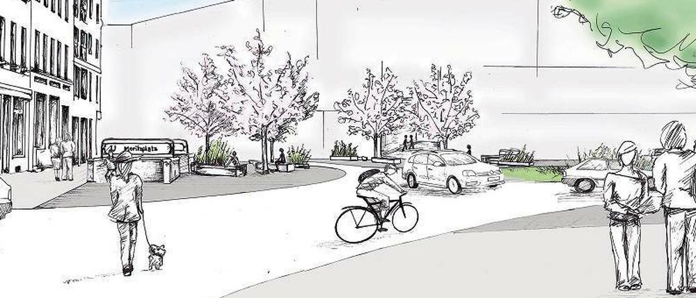 Kreuz, quer und rund. Autofahrer und Fußgänger nutzen den Moritzplatz bislang vor allem zum Weiterkommen. Dabei geraten sie sich nicht selten in die Quere. Der Entwurf der Landschaftsarchitekten sieht vor, die Mittelinsel zu verkleinern, um vor den Gebäuden Plätze mit Aufenthaltsqualität zu entwickeln. Hier könnten Sitzbänke unter Bäumen entstehen. Die Grünanlage an der Otto-Suhr-Siedlung wird attraktiver gestaltet und mit zwei Stufen zum Platz hin abgegrenzt. So soll eine grüne Platzkante entstehen. Auf der Seite der Prinzessinnengärten sind Neubauten vorgesehen.
