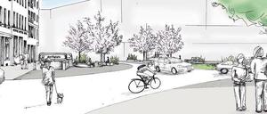 Kreuz, quer und rund. Autofahrer und Fußgänger nutzen den Moritzplatz bislang vor allem zum Weiterkommen. Dabei geraten sie sich nicht selten in die Quere. Der Entwurf der Landschaftsarchitekten sieht vor, die Mittelinsel zu verkleinern, um vor den Gebäuden Plätze mit Aufenthaltsqualität zu entwickeln. Hier könnten Sitzbänke unter Bäumen entstehen. Die Grünanlage an der Otto-Suhr-Siedlung wird attraktiver gestaltet und mit zwei Stufen zum Platz hin abgegrenzt. So soll eine grüne Platzkante entstehen. Auf der Seite der Prinzessinnengärten sind Neubauten vorgesehen.